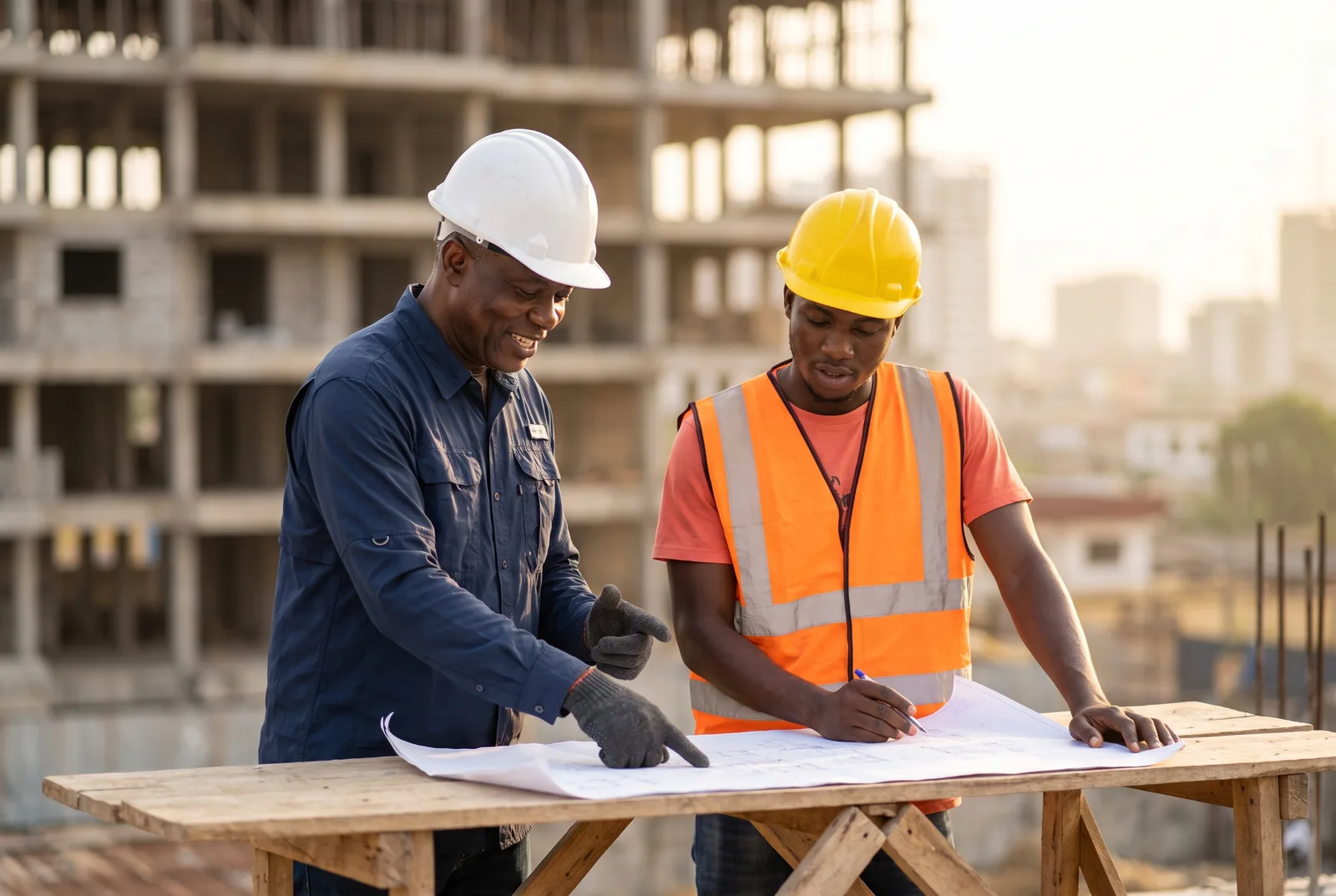 Un conducteur de travaux et un ingénieur en équipement de protection examinant des plans sur un chantier