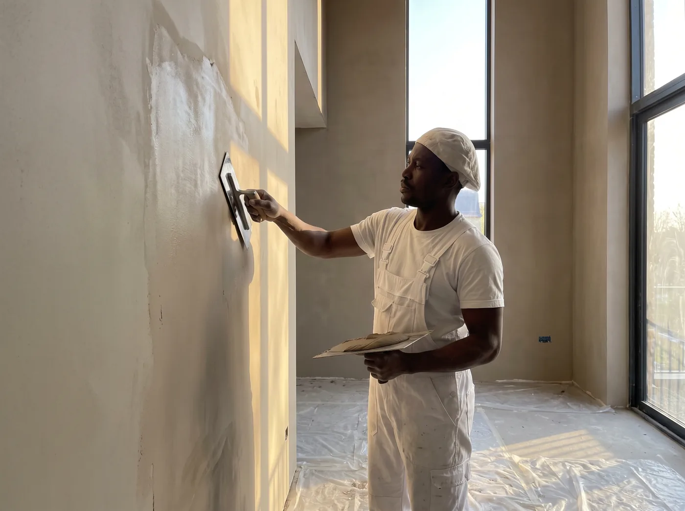 Applicateur lissant un enduit décoratif au platoir inox sur un mur intérieur