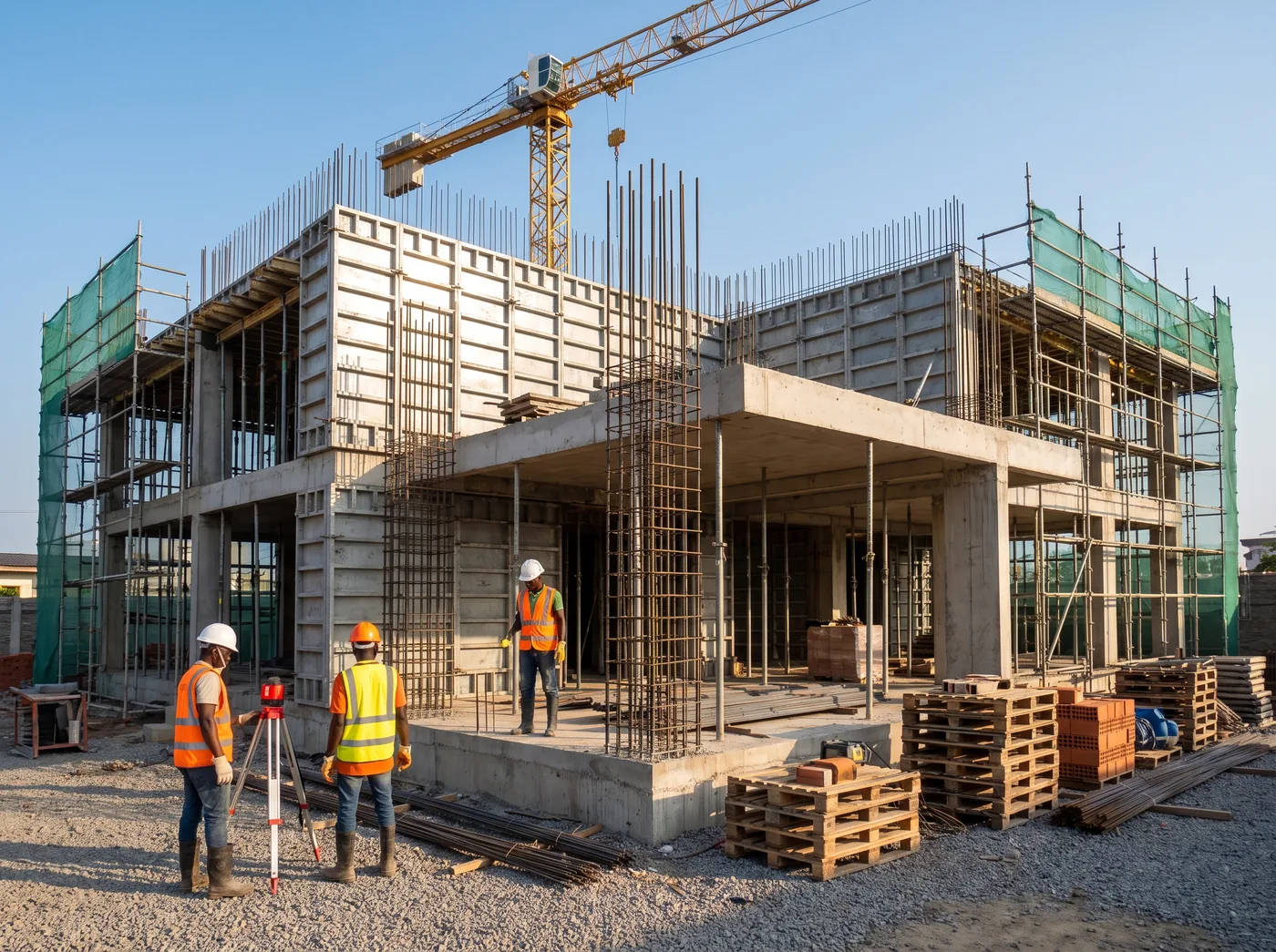 Ossature en béton armé d'un immeuble en construction, coffrages métalliques et grue à tour