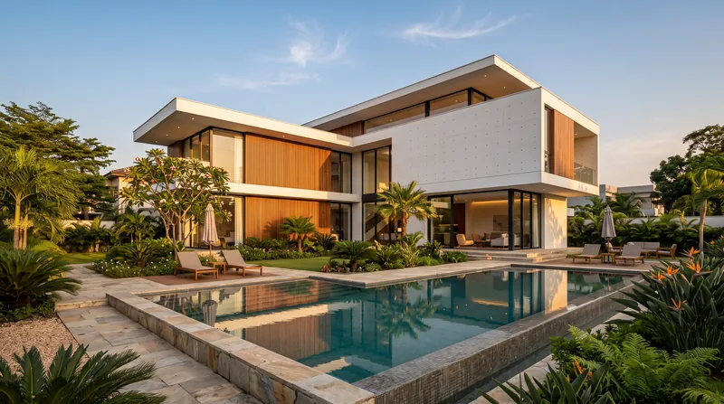 Villa contemporaine achevée à Abidjan, façade en béton et bois, piscine et jardin tropical