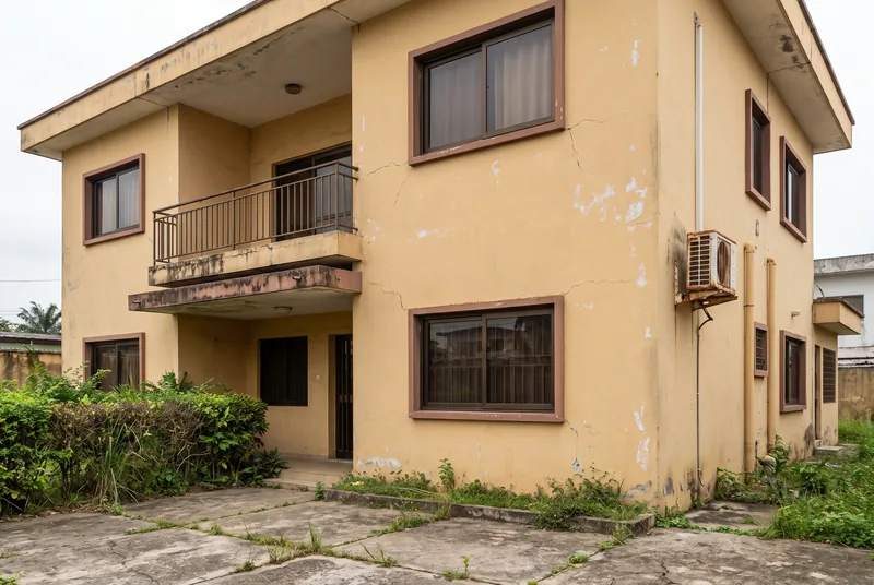 La villa avant travaux : enduit ocre écaillé, fissures, menuiseries datées, dallage fissuré envahi de végétation